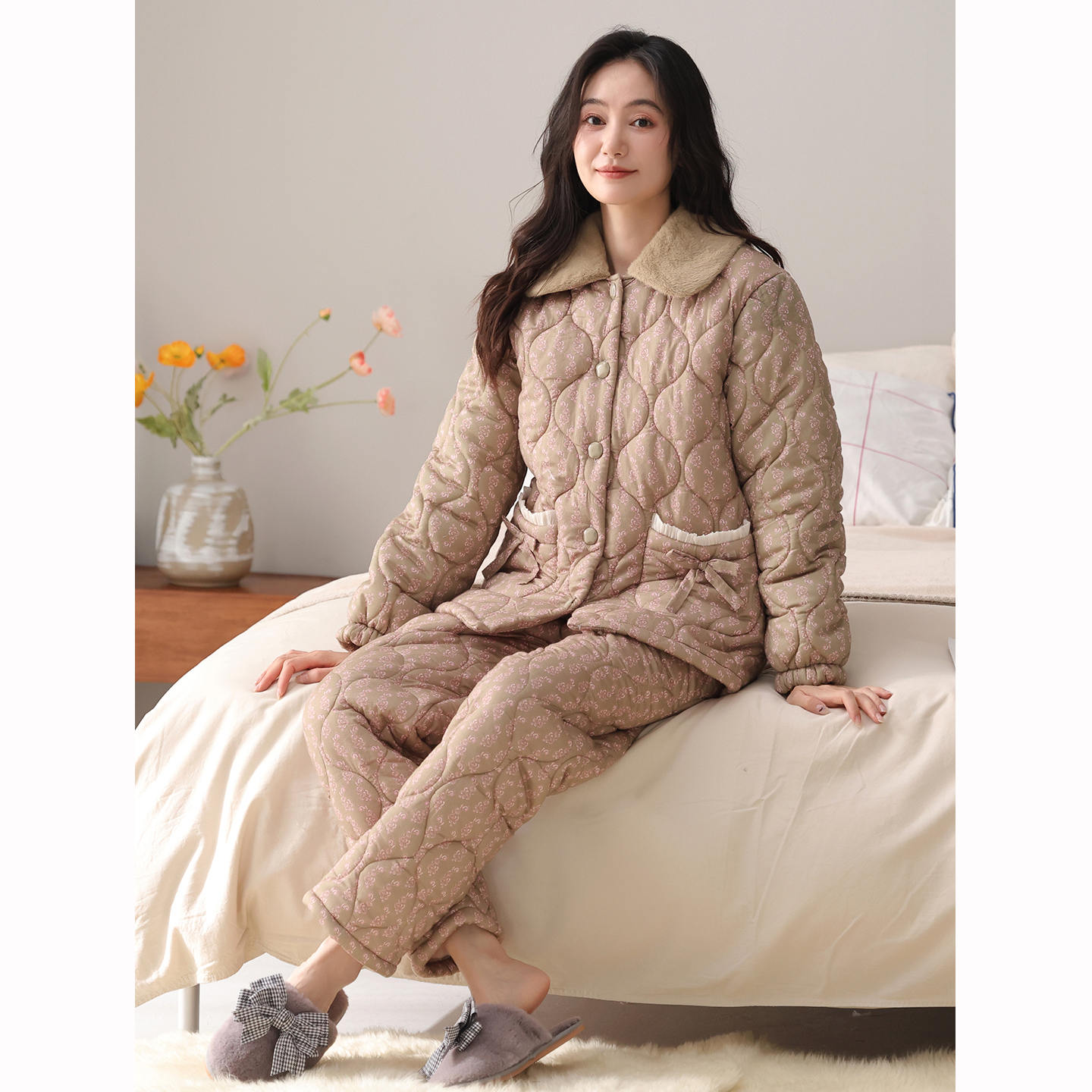 康汝雅冬季加厚纯棉布夹棉家居服