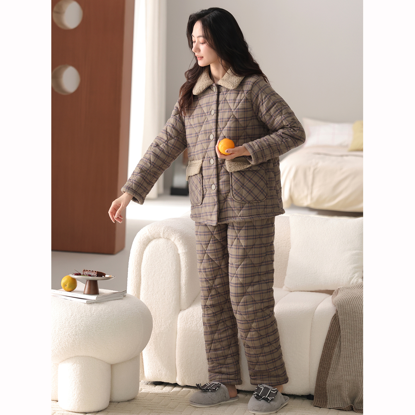 康汝雅冬季加厚纯棉布夹棉家居服