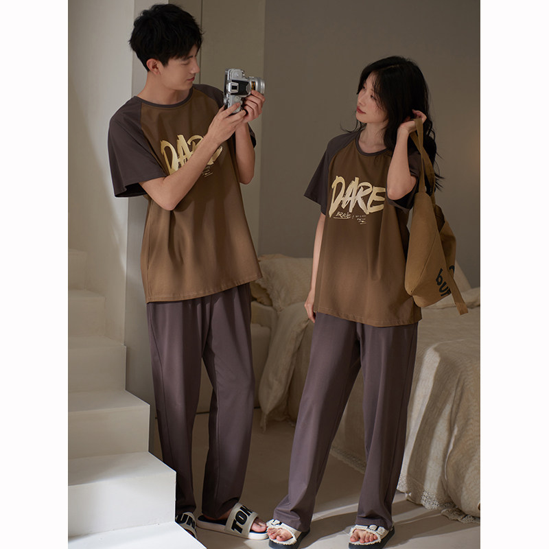 情侣睡衣女带胸垫夏季新款短袖长裤莱卡纯棉凉感薄款男家居服套装