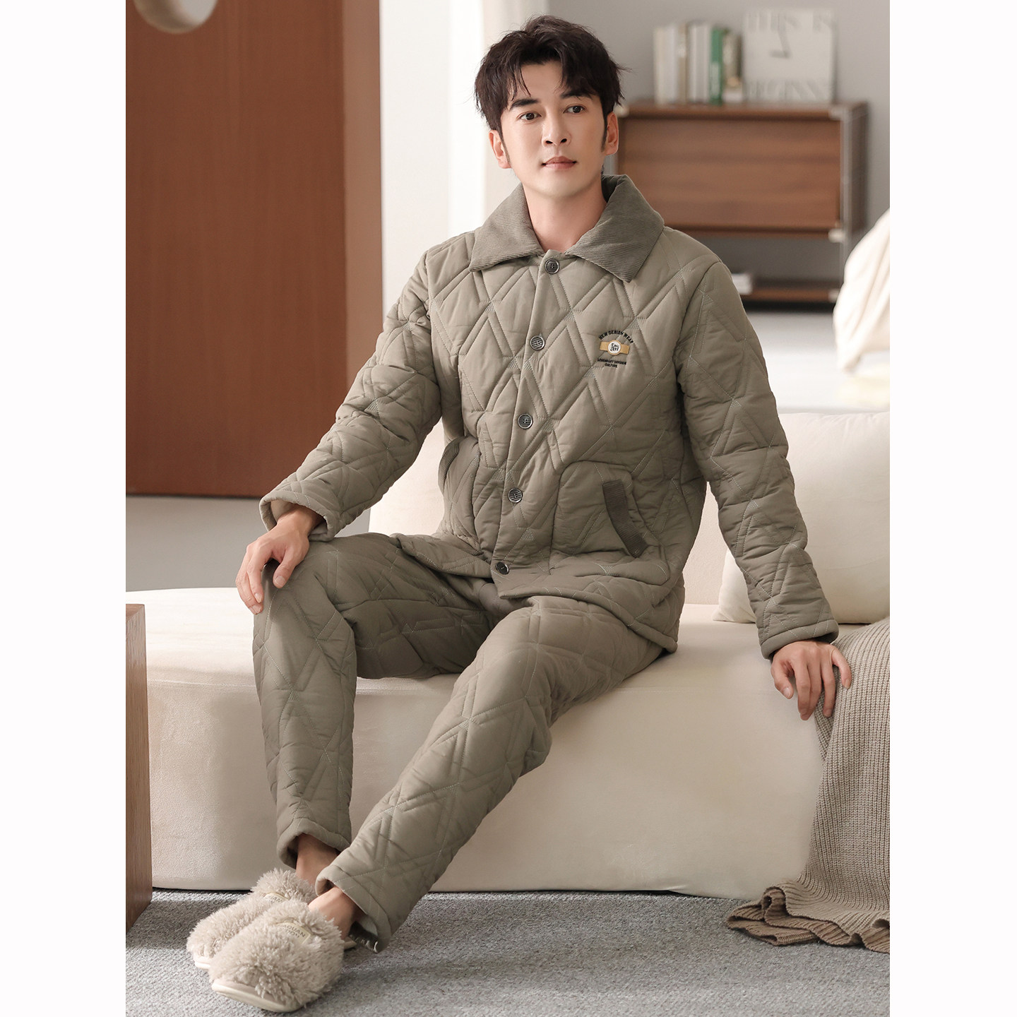 睡衣男2025冬季新款纯棉布珊瑚绒夹棉三层加厚冬天宽松棉袄家居服