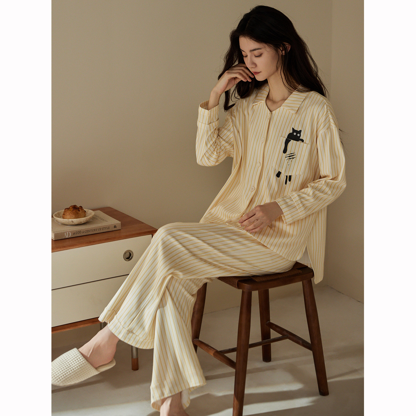 睡衣套装女2025秋季新款长袖纯棉开衫条纹卡通春秋天家居服可外穿