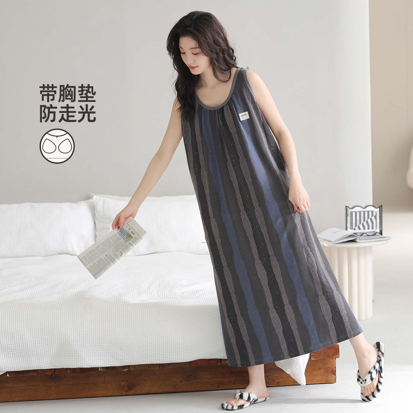 带胸垫睡裙女2025夏季新款纯棉无袖背心加长过膝宽松全棉连体睡衣