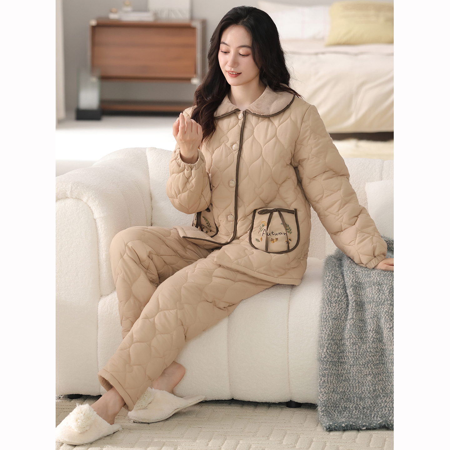 康汝雅冬季加厚纯棉布夹棉家居服