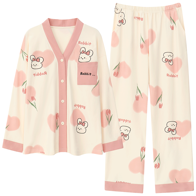 康汝雅女纯棉和服领卡通睡衣套装