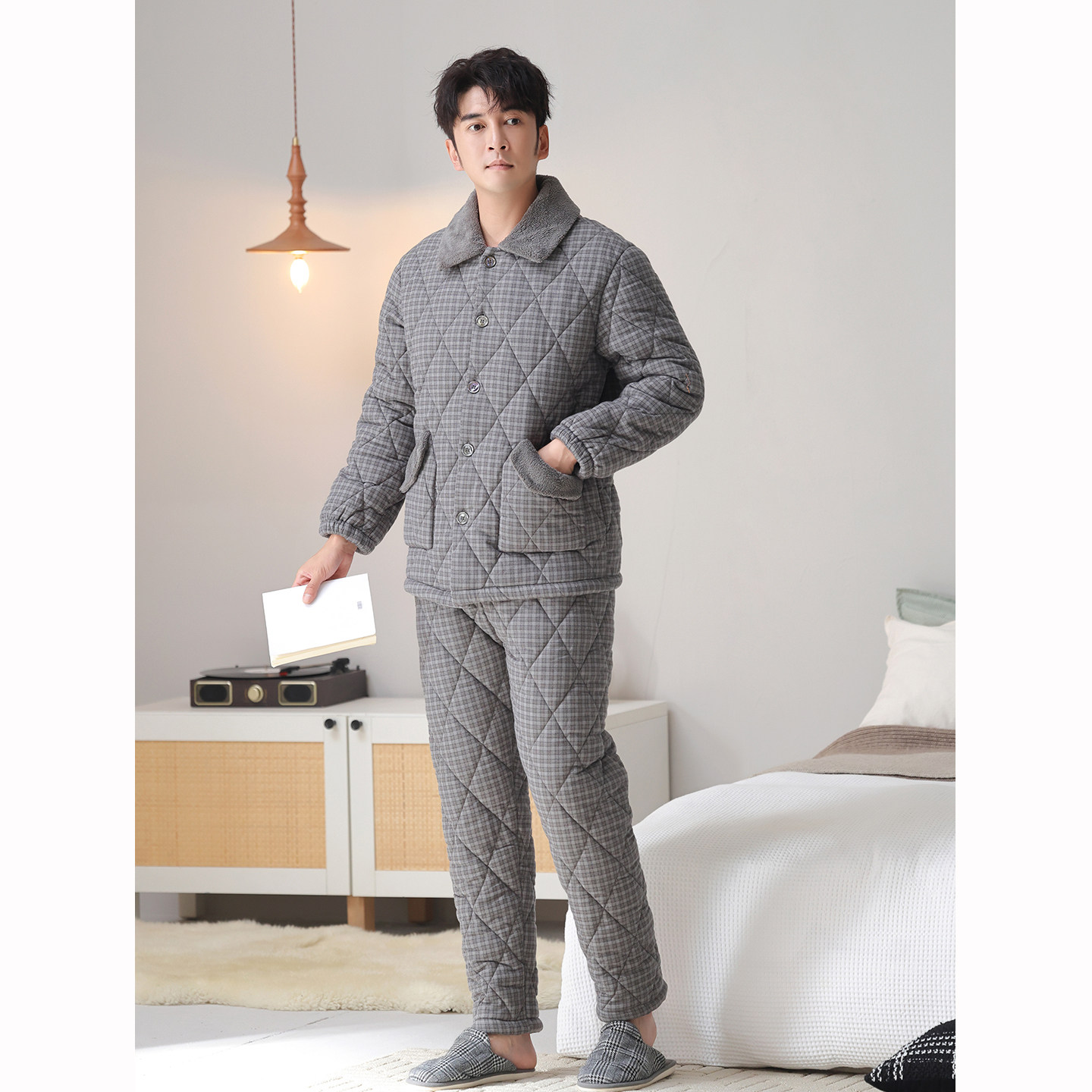 男士棉袄睡衣25冬季新款纯棉布珊瑚绒夹棉三层加厚格子休闲家居服