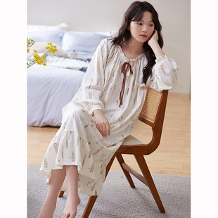 新款睡裙女士春秋季纯棉长袖中长款过膝连体睡衣宽松家居服带胸垫