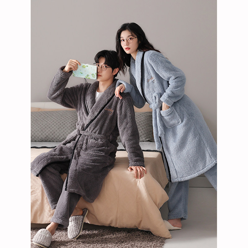 睡衣情侣冬季珊瑚绒加厚男款睡袍长裤两件套秋冬法兰绒女士家居服