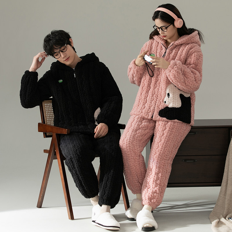 情侣睡衣女冬季新款加厚珊瑚绒夹棉拉链连帽可外穿男士家居服套装