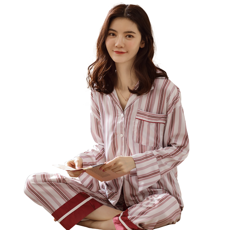 丝绸长袖薄款韩版宽松条纹家居服