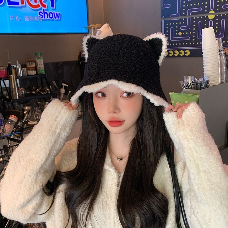 秋冬渔夫帽女新款网红可爱耳朵针织盆帽韩版百搭时尚显脸小水桶帽