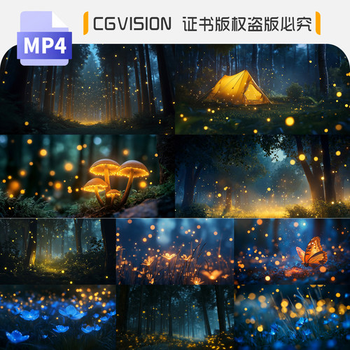 萤火虫飞舞森林夏日夜晚夏天处暑奇幻森林神秘意境4K背景视频素材