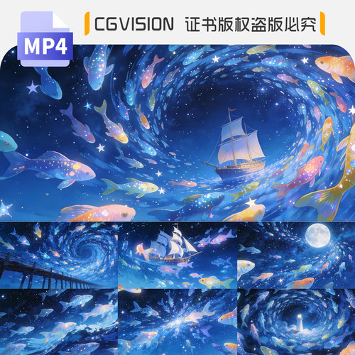 大鱼海棠梦幻海洋鱼群灯塔帆船星空粒子舞台LED宽屏背景视频素材