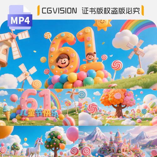 六一儿童节片头卡通欢乐世界糖果乐园歌唱舞蹈表演背景4k视频素材