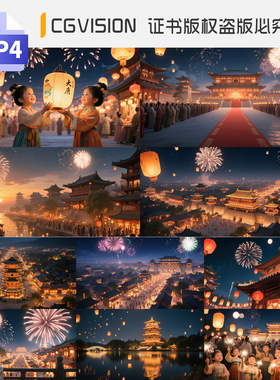 4K大唐盛世长安城繁华夜景烟花孔明灯中国风舞台led背景视频素材