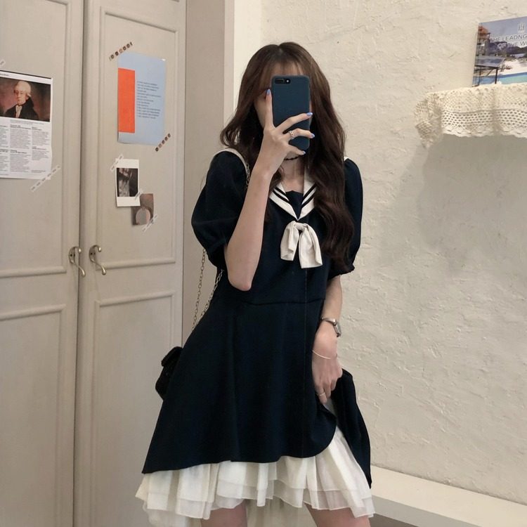 3大码女装夏季新款学院风A字短裙胖妹妹收腰显瘦复古海军领连衣裙