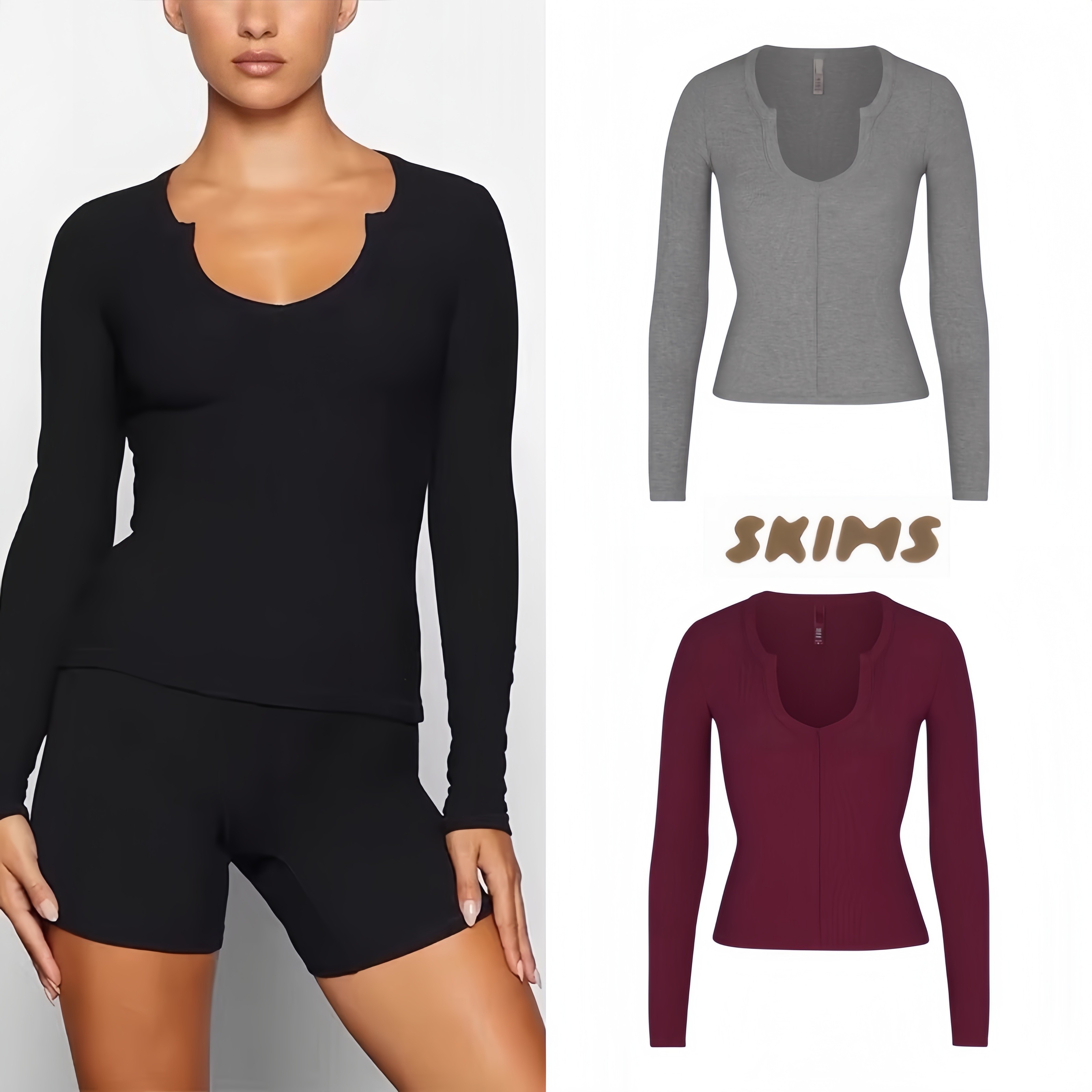 正品skims塑身衣卡戴珊同款螺纹开口小U领收腰打底衫T恤上衣,女装/女士精品,T恤,淘宝优惠券,粉丝福利购,淘宝优惠卷