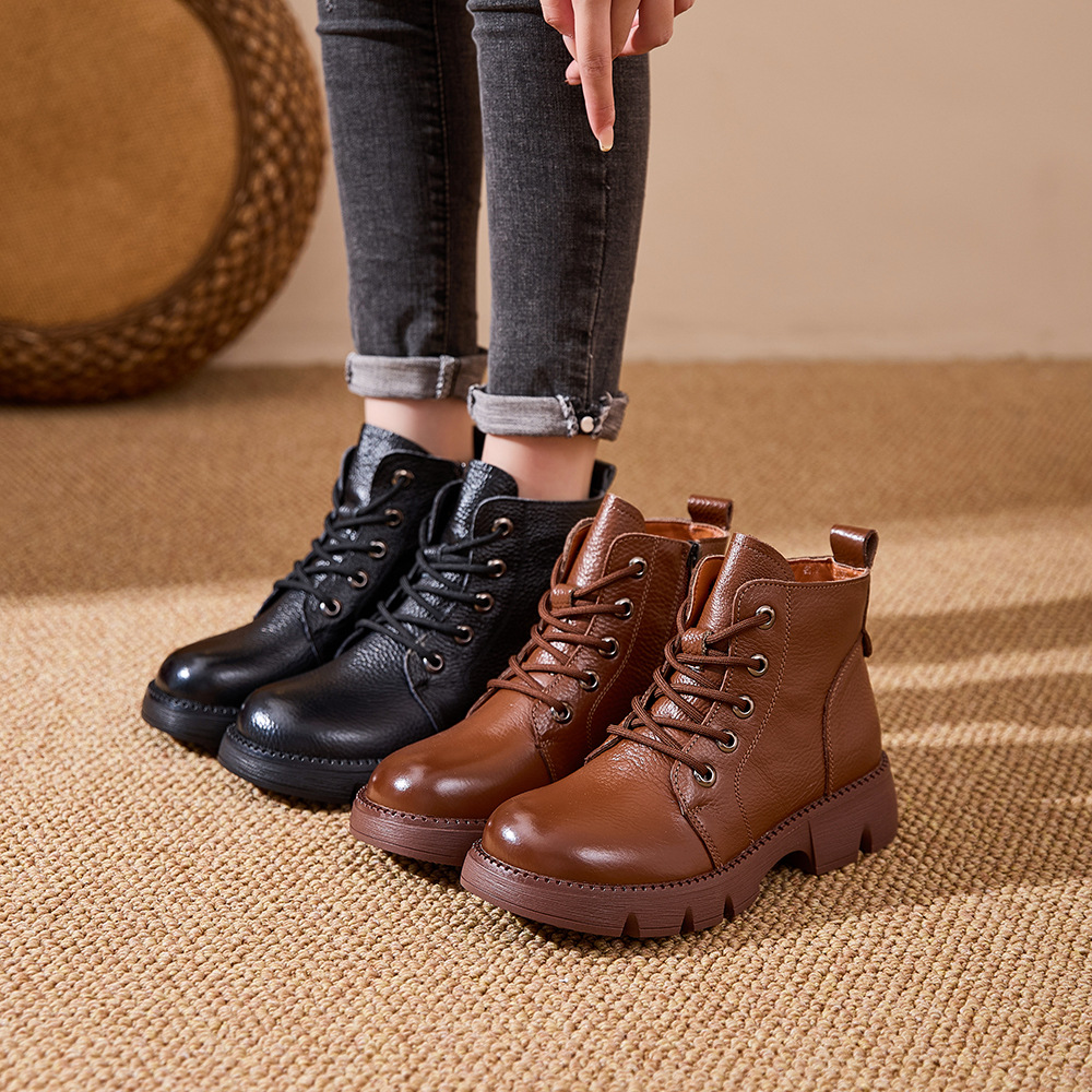 秋冬款复古松糕底马丁靴羊毛女靴