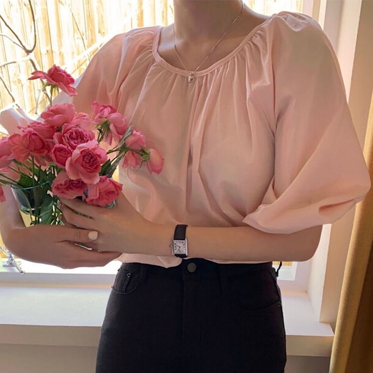 Ghost horse girl round neck bubble sleeve loose pink top