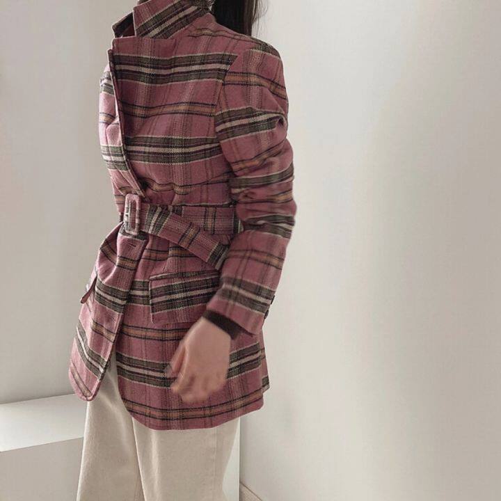 大量现货  韩国chic 复古格纹 翻领仿毛呢西装 格子大衣