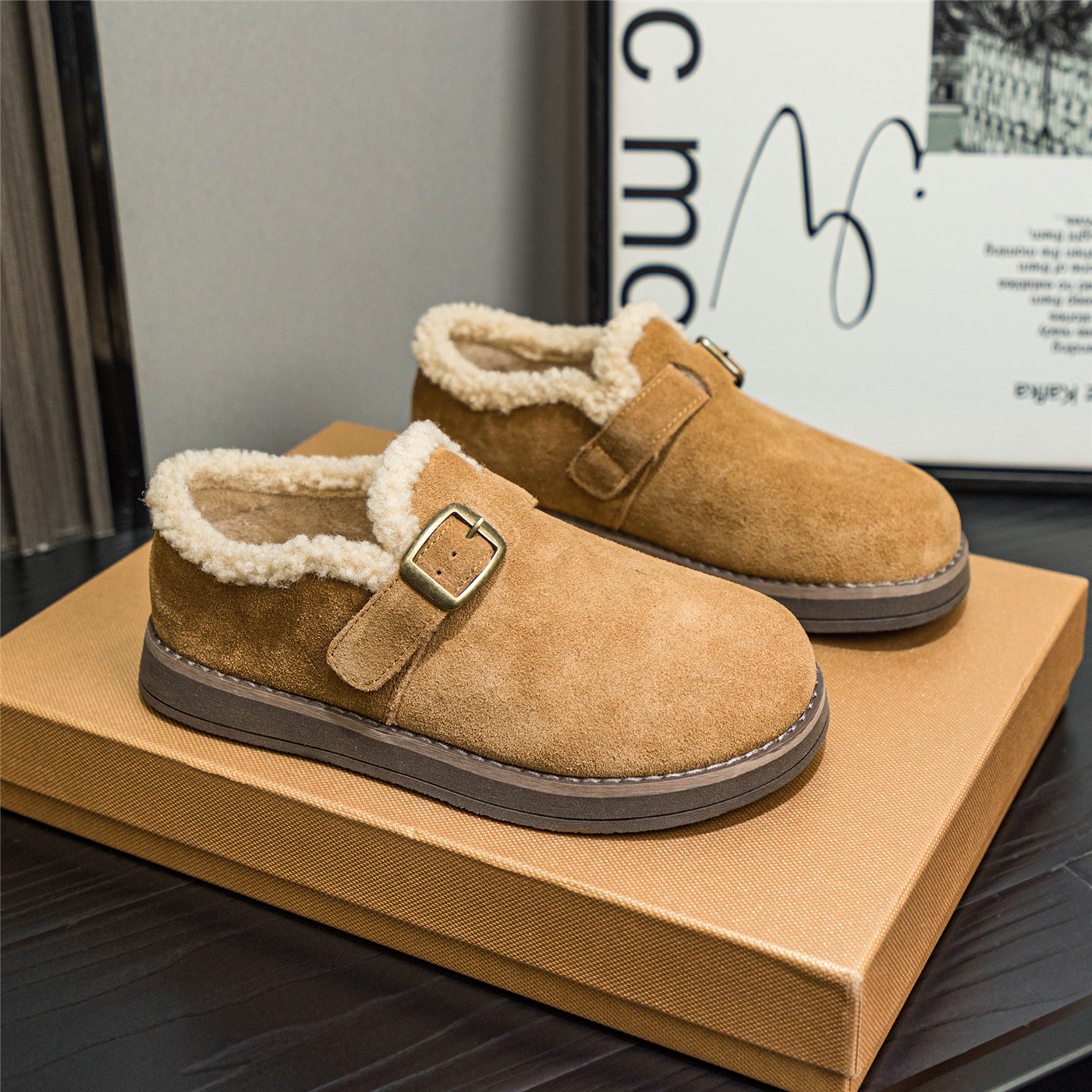 真皮加绒勃肯鞋女2025年冬季新款一脚蹬懒人时尚爆款厚底保暖棉鞋