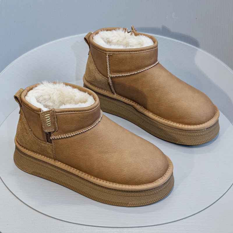 东北厚底雪地靴女2024冬季新款磨砂真皮短靴时尚百搭加绒保暖棉鞋
