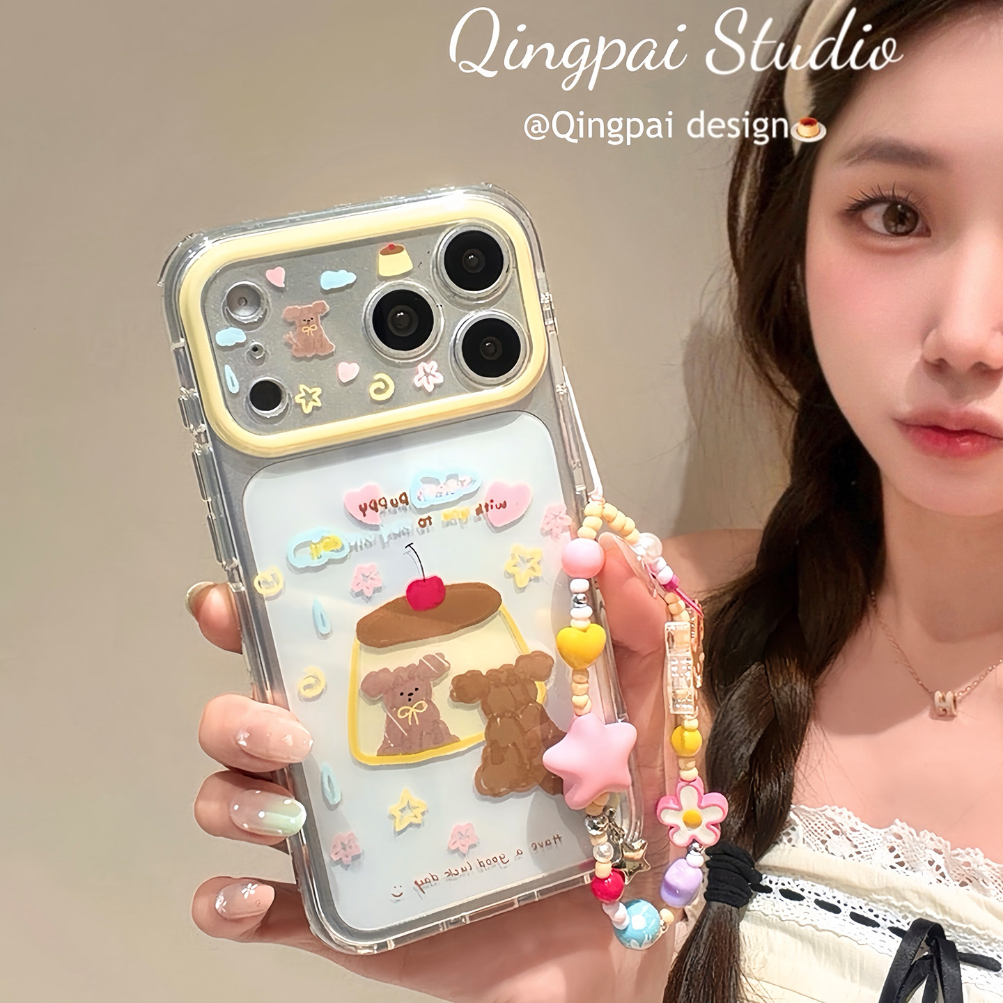 轻派童趣可爱ins焦糖布丁小狗插画适用苹果17promax手机壳iphone16pro新款15pro女款卡通涂鸦带链条全包硬壳