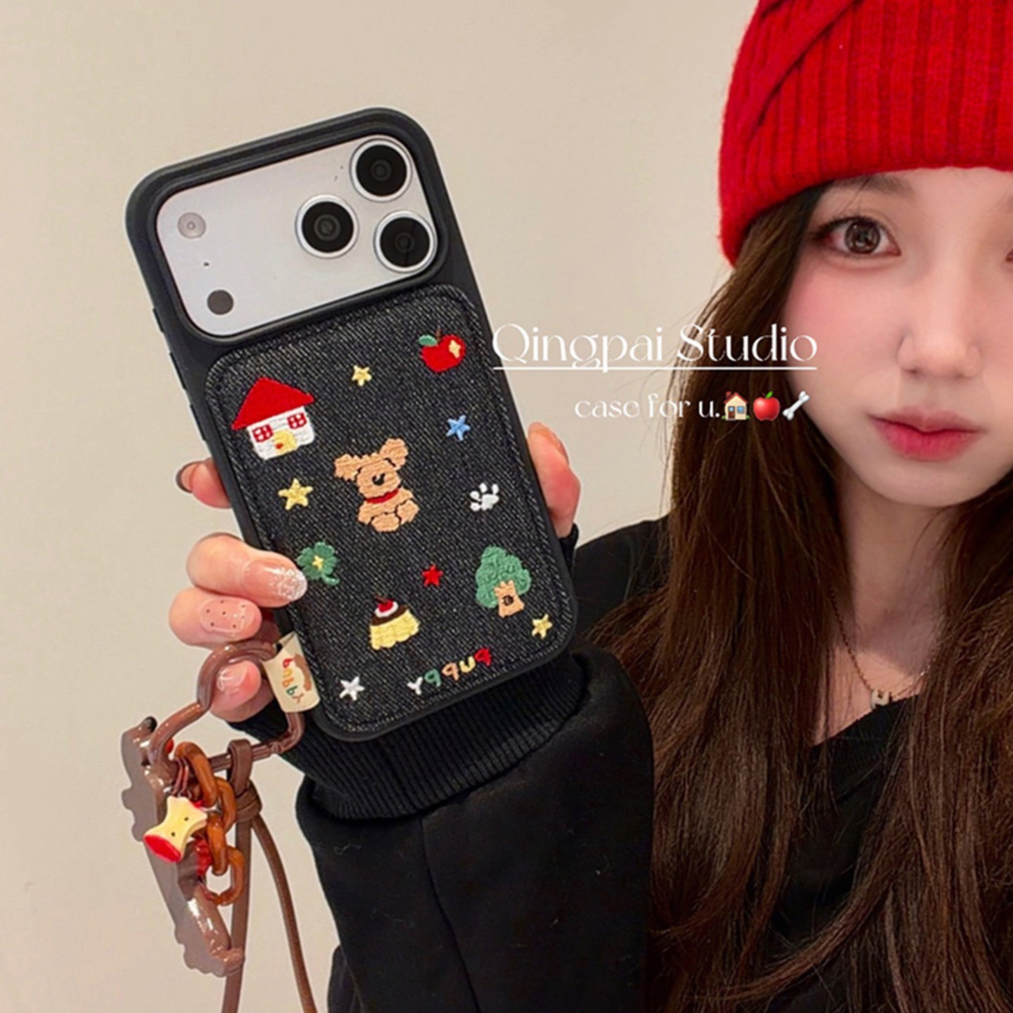 轻派牛仔黑色刺绣星星小狗挂绳适用苹果17promax手机壳iphone16pro新款15女款14秋冬卡通13复古创意全包硬壳,3C数码配件,手机保护套/壳,淘宝优惠券,粉丝福利购,淘宝优惠卷