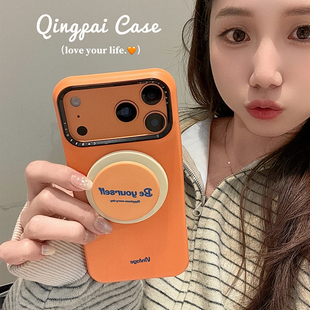 14简约高级感13网红创意半包硬壳 15女款 轻派ins个性 橙色英文磁吸支架适用苹果17promax手机壳iphone16pro新款