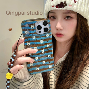 卡通13锡纸纹双层全包硬壳 14个性 轻派秋冬蓝棕条纹小狗带链条适用苹果17promax手机壳iphone16pro新款 15女款