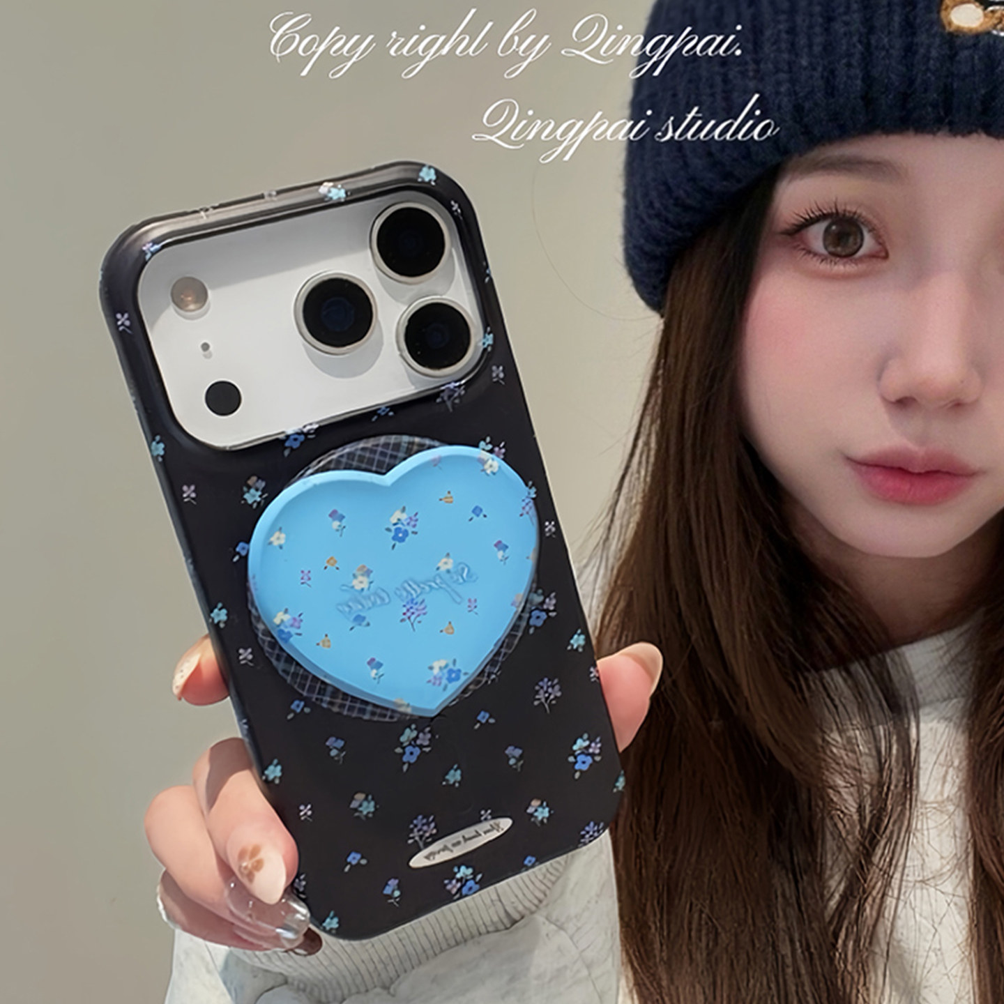 轻派ins风个性黑色碎花带爱心磁吸支架适用苹果17promax手机壳iphone16pro新款15女款小众设计感韩系半包硬壳,3C数码配件,手机保护套/壳,淘宝优惠券,粉丝福利购,淘宝优惠卷