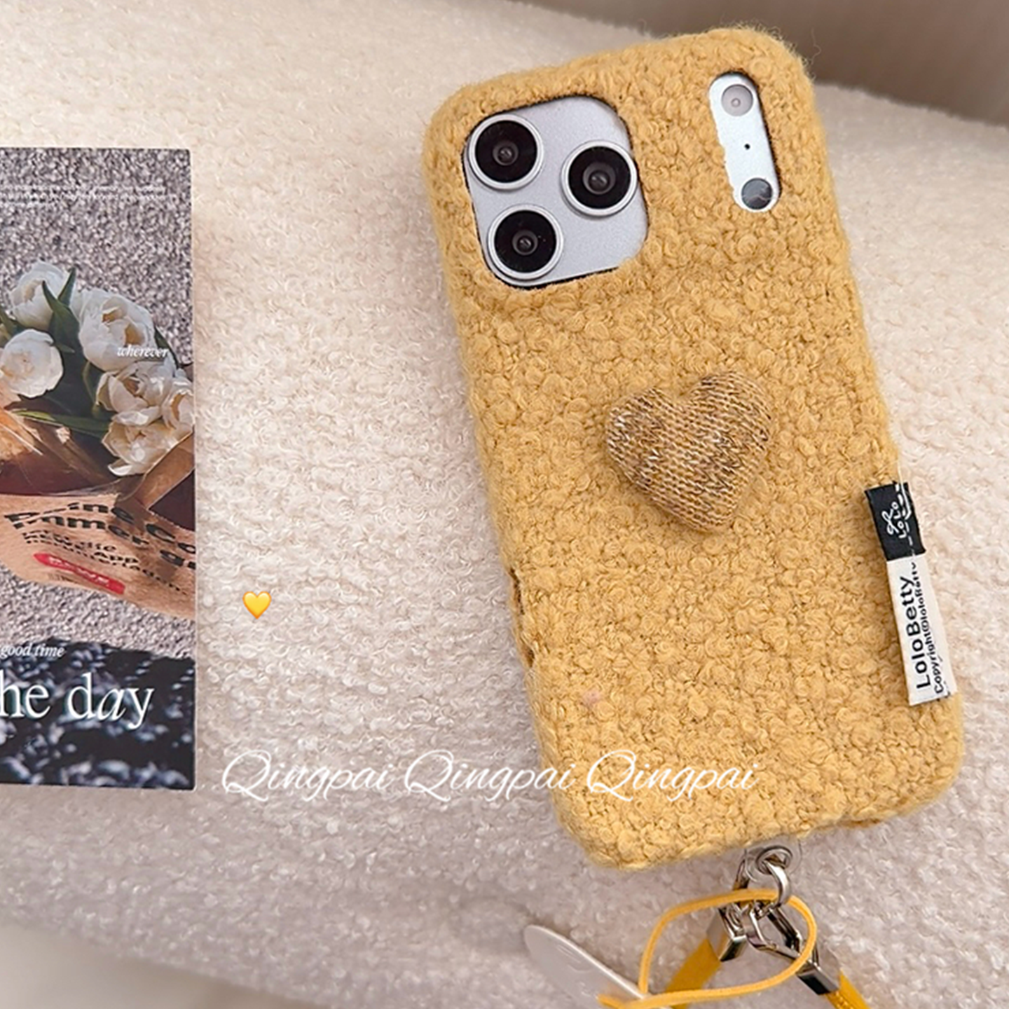 轻派姜黄色毛呢立体爱心带挂绳适用苹果17promax手机壳iphone16pro新款15女款14秋冬简约13韩系小众全包硬壳