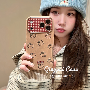 轻派秋冬棕色麂皮线条猫咪头像适用苹果17promax手机壳iphone16pro新款15女款14卡通13复古小众创意全包硬壳