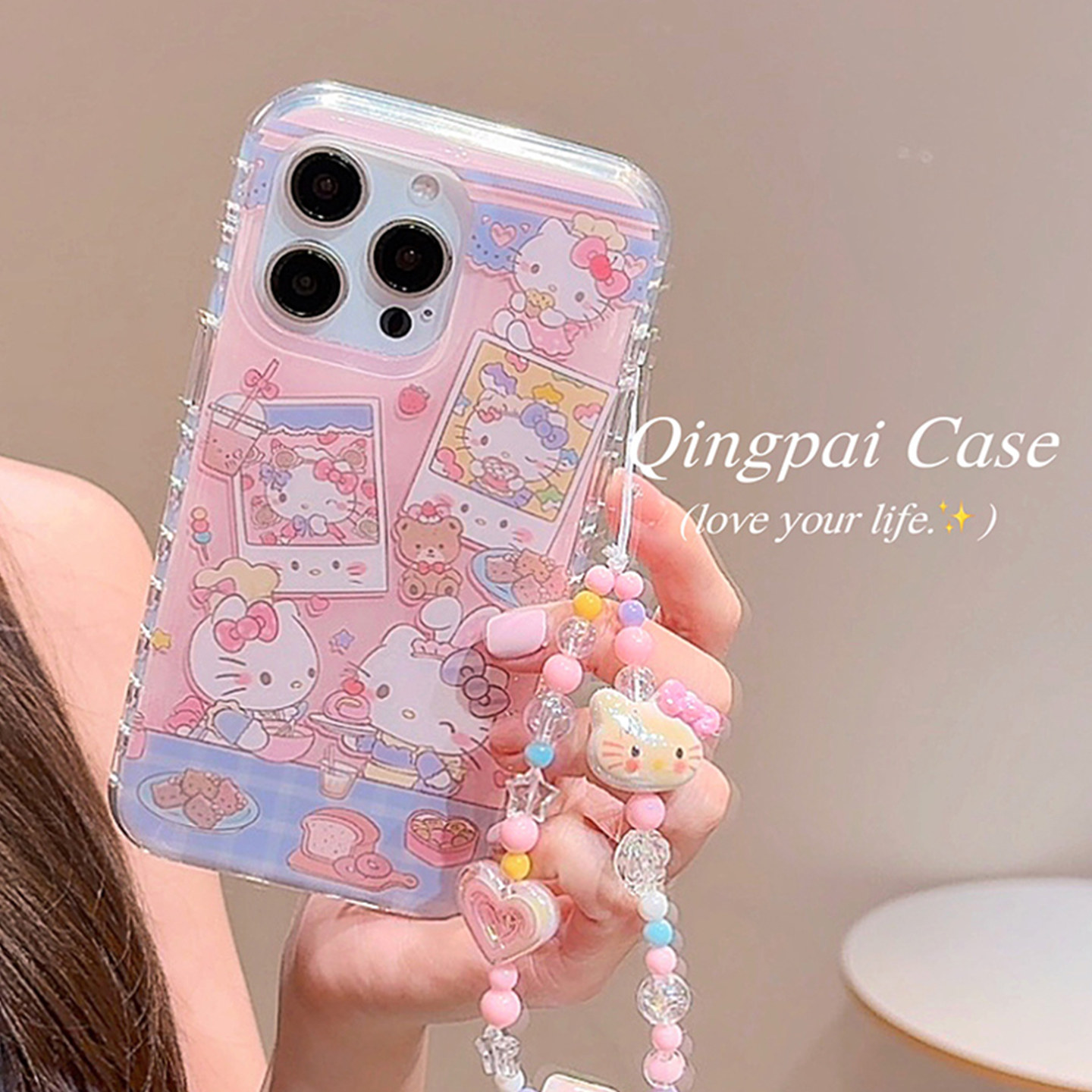 适用苹果手机壳粉色猫咪照片链条