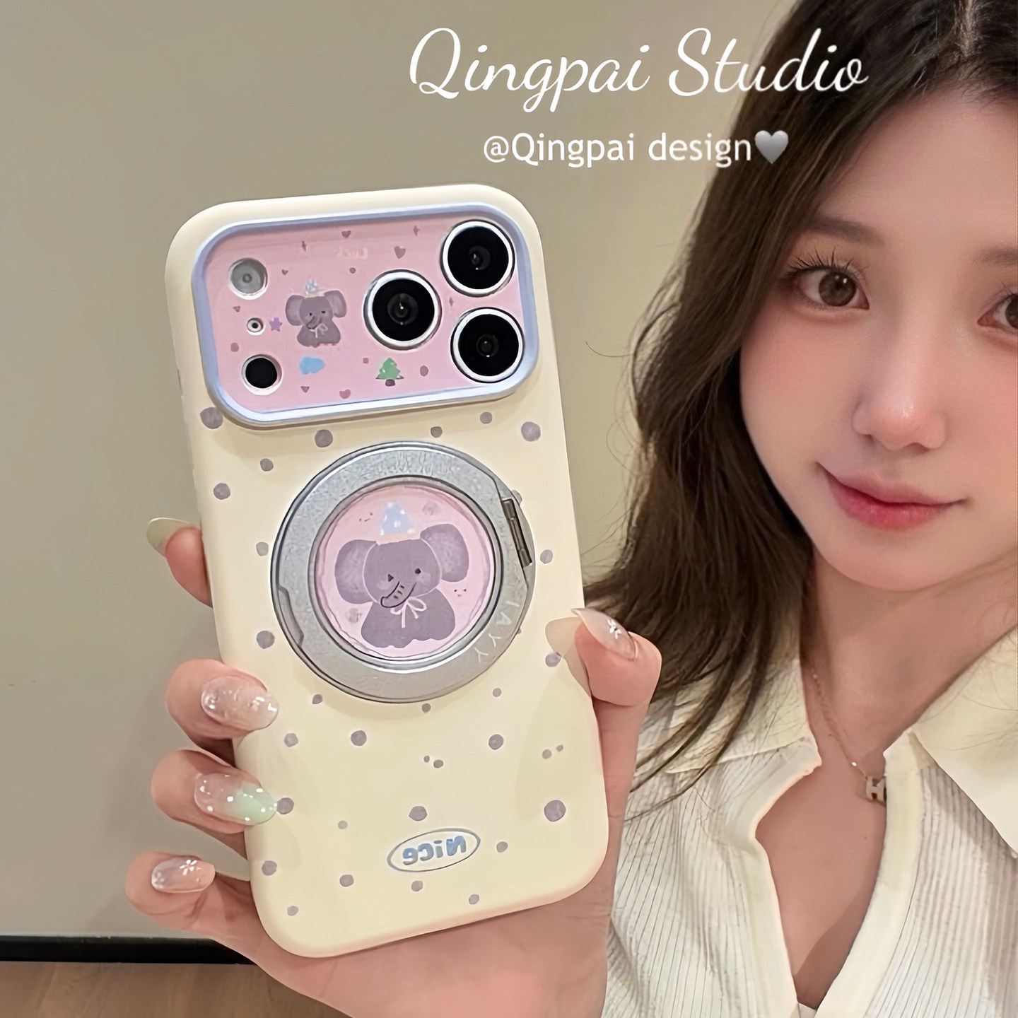 轻派韩系ins奶杏色波点小象旋转支点壳适用苹果17promax手机壳iphone16pro新款15女款亲肤液态硅胶14全包软壳