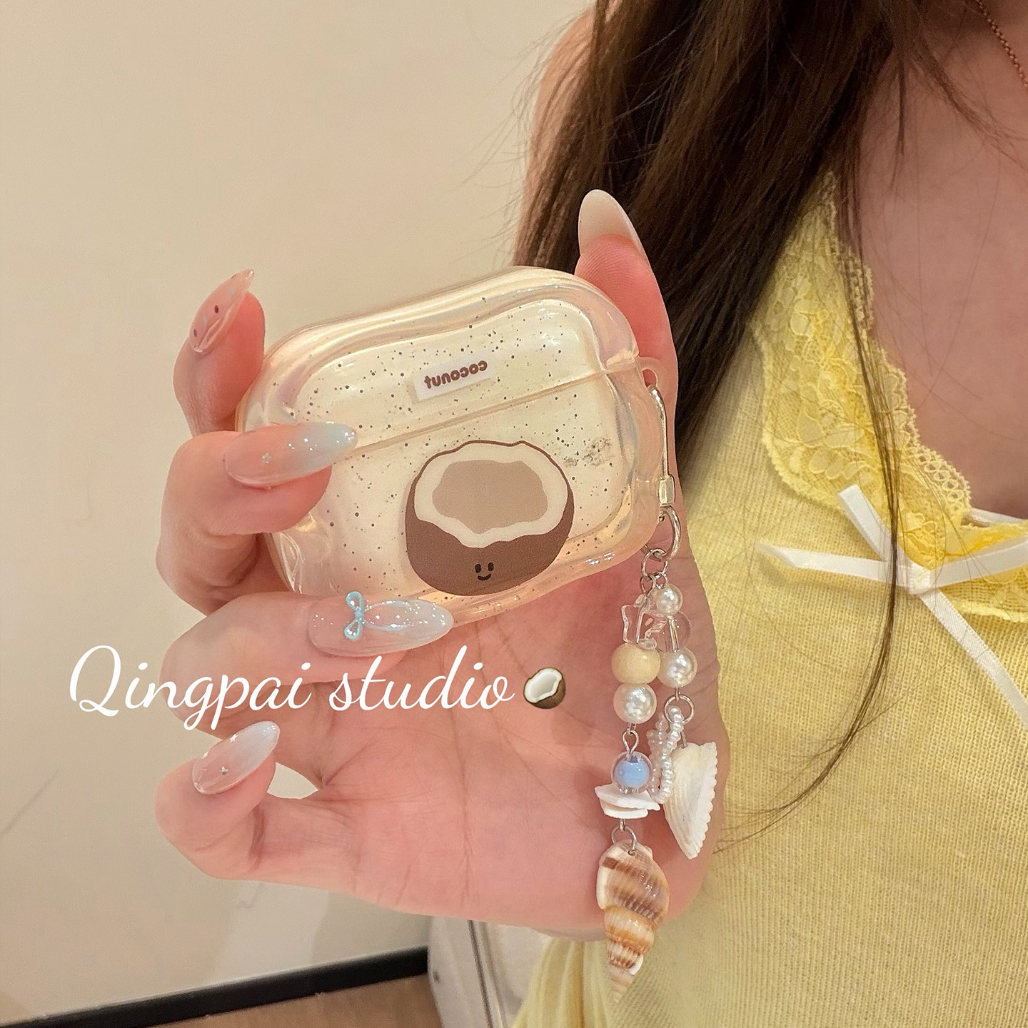 轻派ins泼墨夏日一颗椰子挂饰适用airpodspro3/2耳机保护套airpods4新款苹果三代保护套耳机壳无线蓝牙保护壳