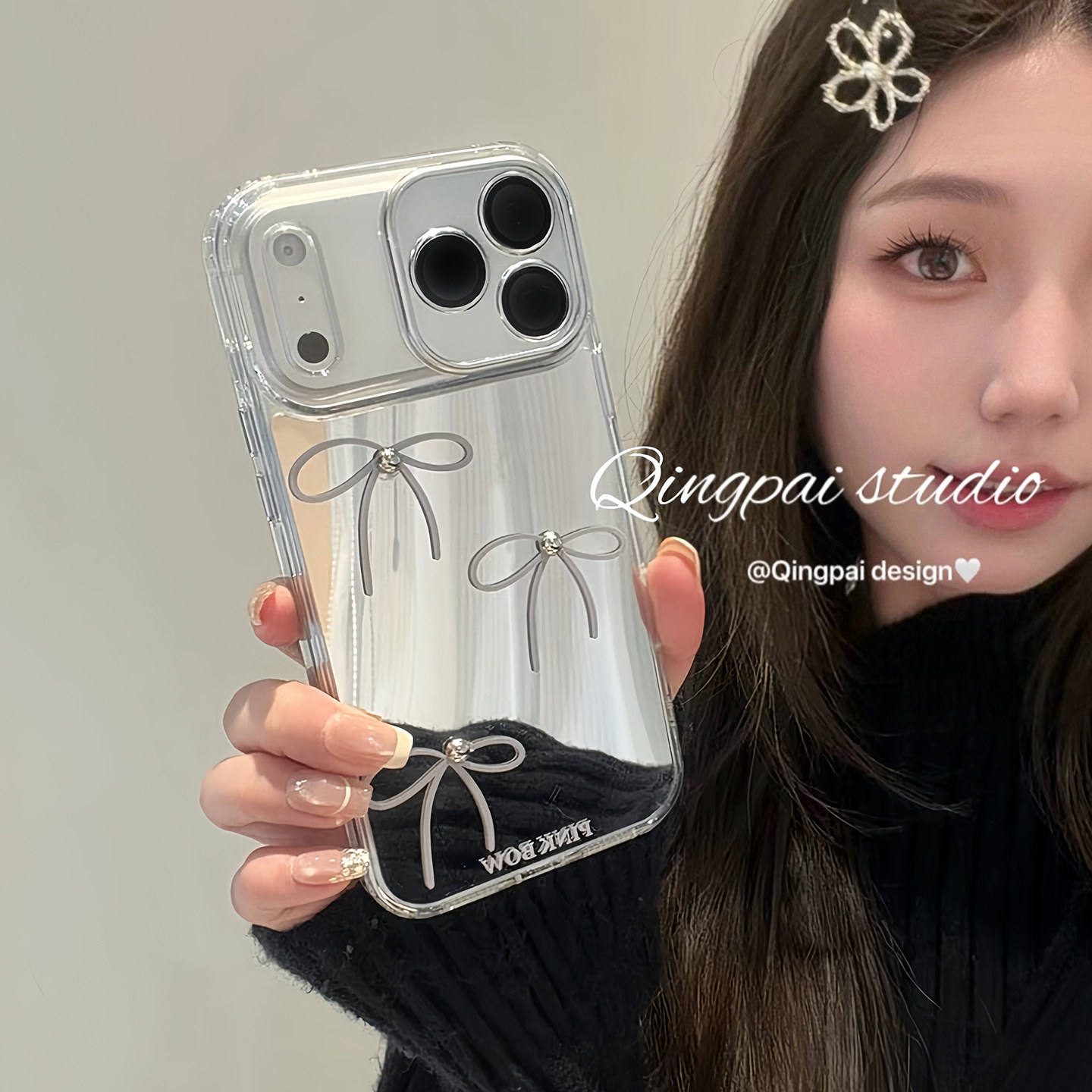 轻派韩系ins风镜面蝴蝶结适用苹果17promax手机壳iphone13新款16pro女12带镜头膜15电镀14简约小众11全包硬壳