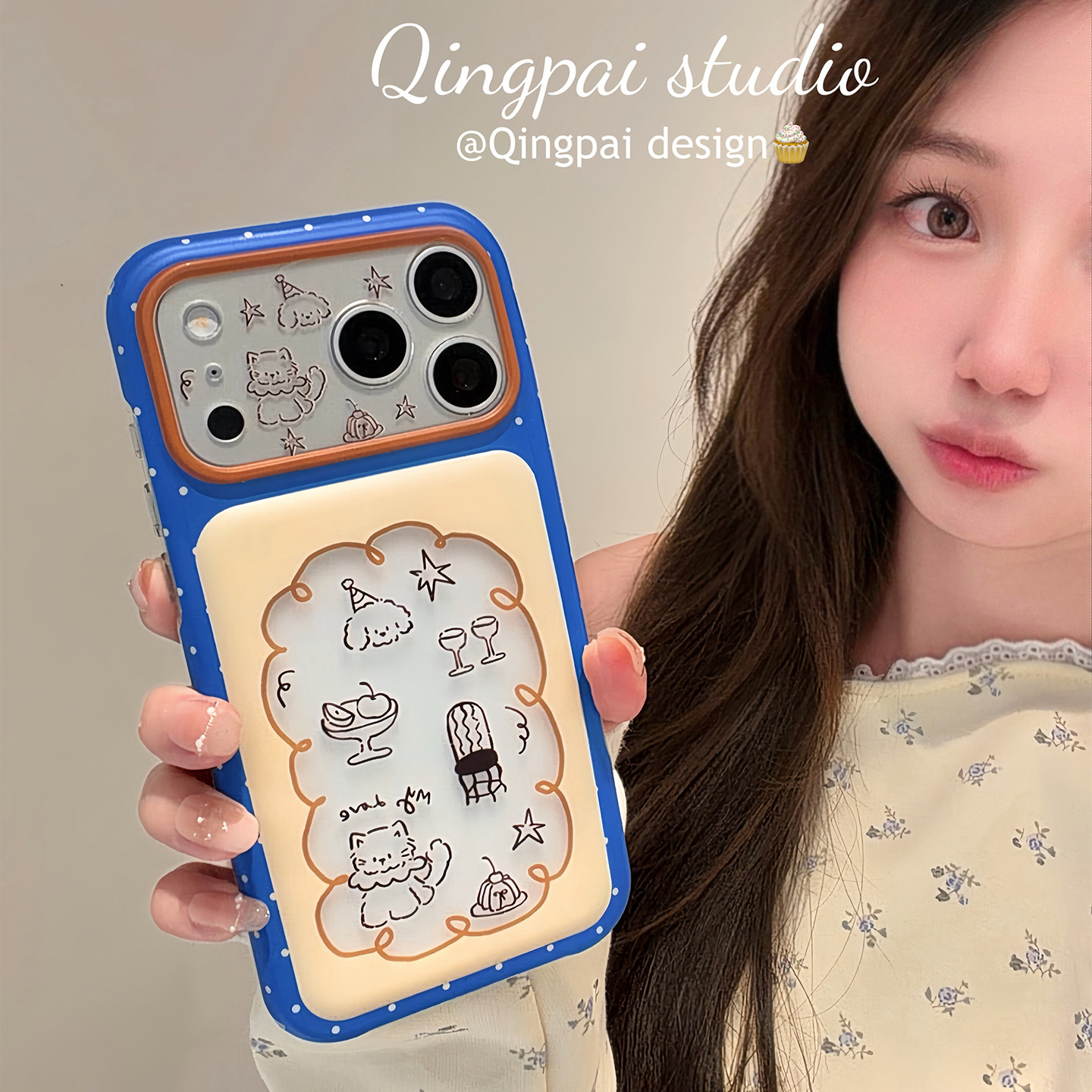 轻派ins可爱撞色镂空线条猫咪小狗涂鸦适用苹果18ProMax手机壳iphone17pro新款18女款16全包卡通小众15硬壳
