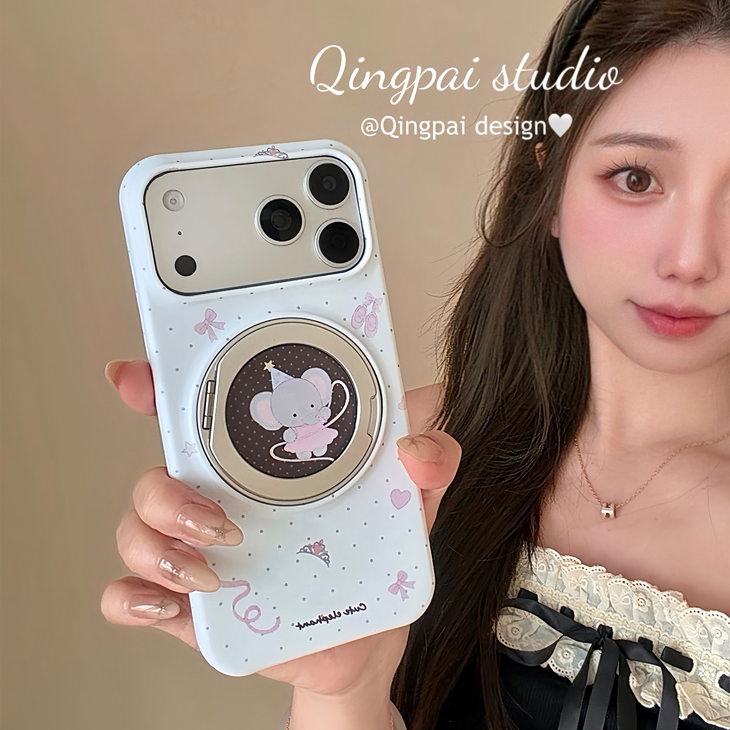 轻派ins可爱波点蝴蝶结芭蕾舞小象适用苹果17promax手机壳iphone16pro新款17菲林支架15pro网红卡通半包硬壳