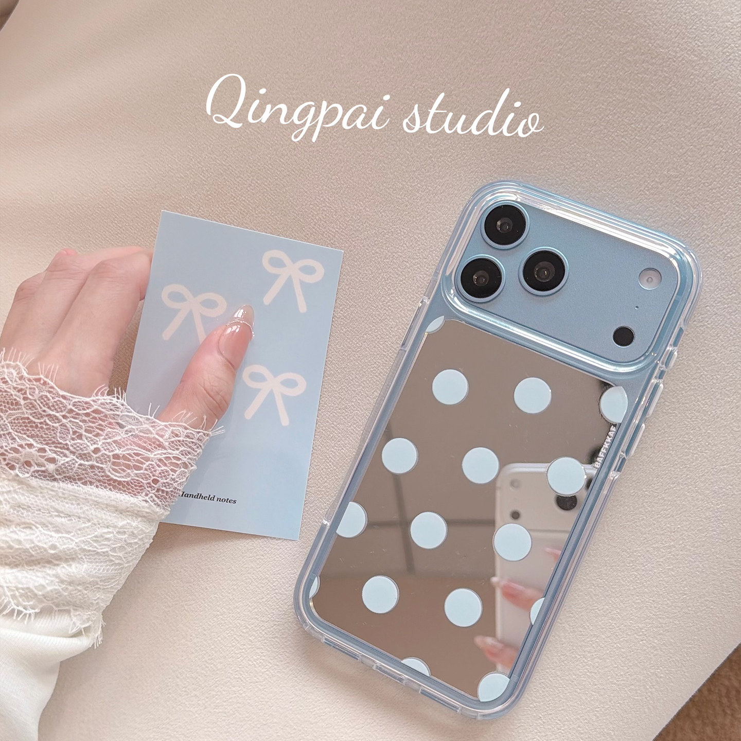 轻派ins小清新简约镜面浅蓝波点适用苹果18promax手机壳iphone17pro新款16女款15pro14高级感硬壳13全包防摔