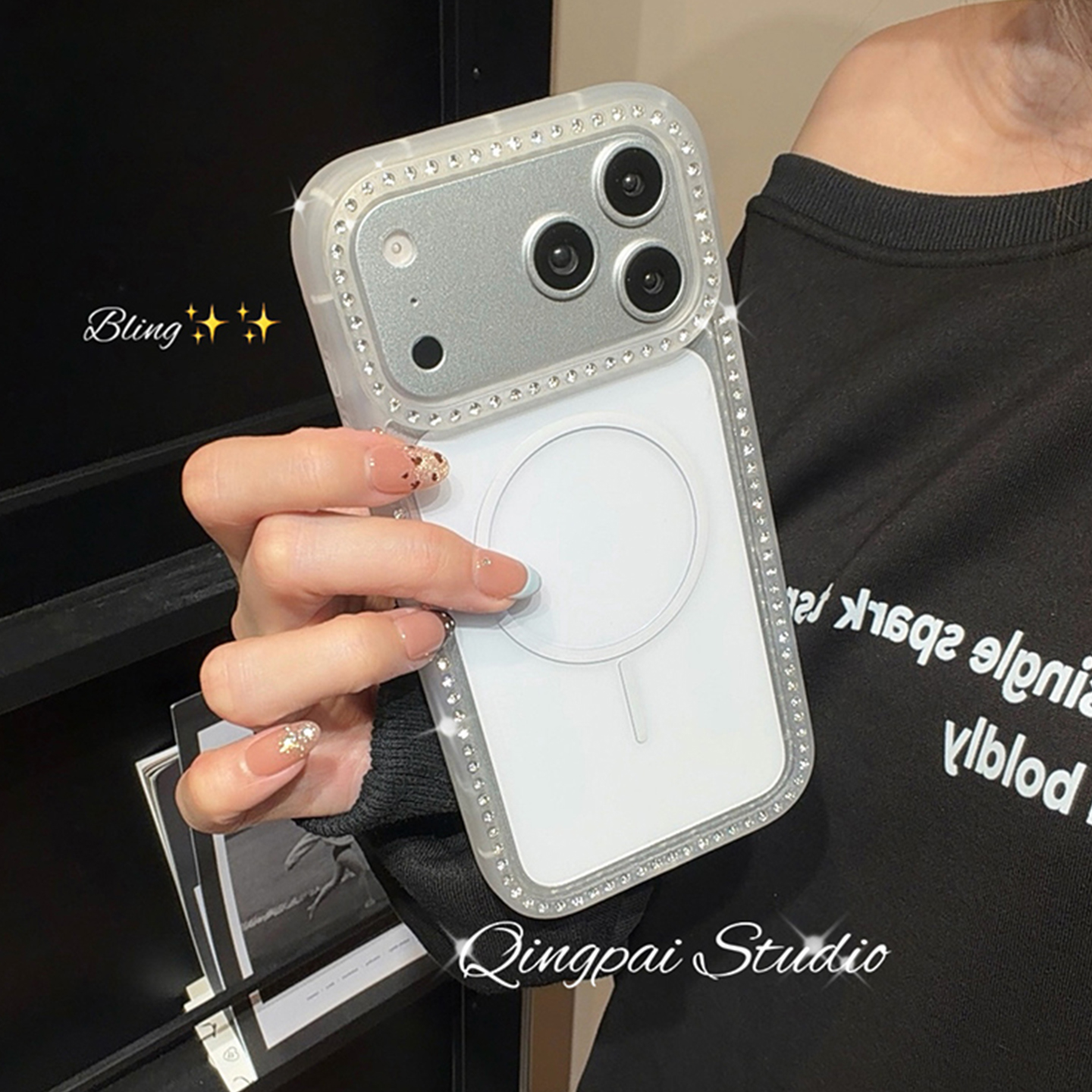 轻派透明水钻边框磁吸圈壳适用苹果17promax手机壳iphone16pro新款15女款14简约高级质感小众13防摔全包硬壳