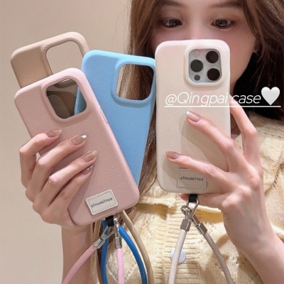 适用苹果手机壳皮质纯色带挂绳