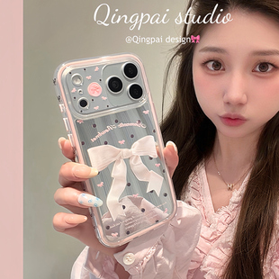 轻派镜面波点粉色蝴蝶结适用苹果17promax手机壳iphone16pro新款 13日韩少女镜子14全包12硬壳11 15promax女款