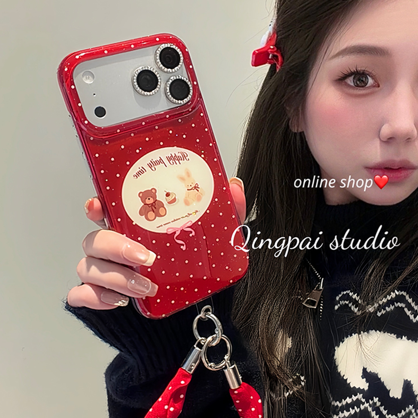 轻派红色波点小熊兔子带挂绳适用苹果17promax手机壳iphone16pro新款15女款14新年卡通创意13双层壳全包硬壳,3C数码配件,手机保护套/壳,淘宝优惠券,粉丝福利购,淘宝优惠卷