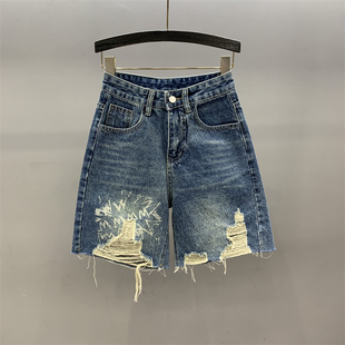 高腰宽松休闲直筒阔腿中裤 破洞印花五分牛仔短裤 女2026年春夏新款