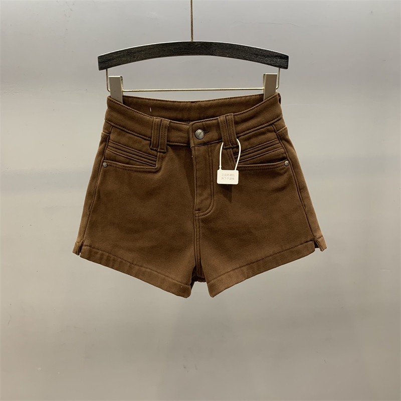 开叉牛仔短裤女高腰a字加绒靴裤