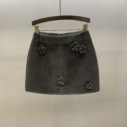 立体花朵毛呢半身裙高腰A字短裙