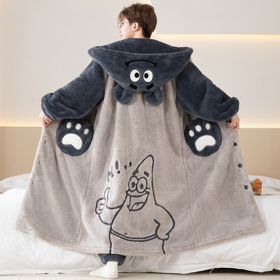 加厚睡袍男款冬季连帽保暖珊瑚绒