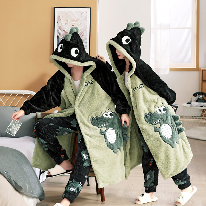 情侣睡袍女秋冬季加厚长款珊瑚绒睡衣浴袍法兰绒可外穿男士家居服