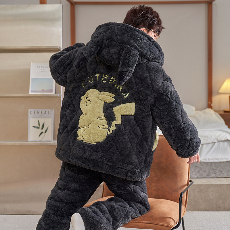 睡衣男士冬季三层加厚加绒珊瑚绒