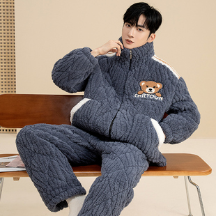 睡衣男冬季三层加厚加绒夹棉珊瑚绒外穿青少年湖南省服家居服套装